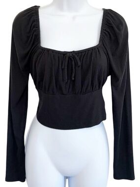 MADEWELL Smocked Crop Top Black Long Sleeve Square Neck Bow Tie Blouse Large